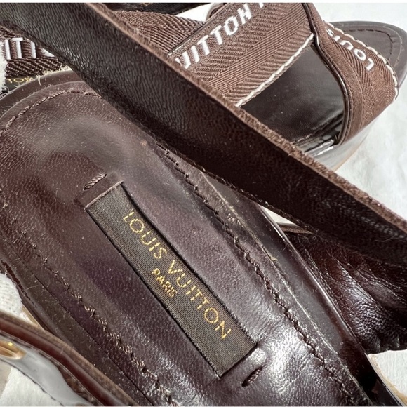 LOUIS VUITTON Brown Patent Leather Wedge Platform Sandals Made in Spain 38 8US - Picture 6 of 13